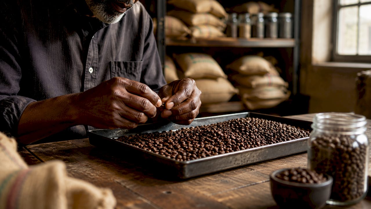Hands inspecting roasted coffee beans closely