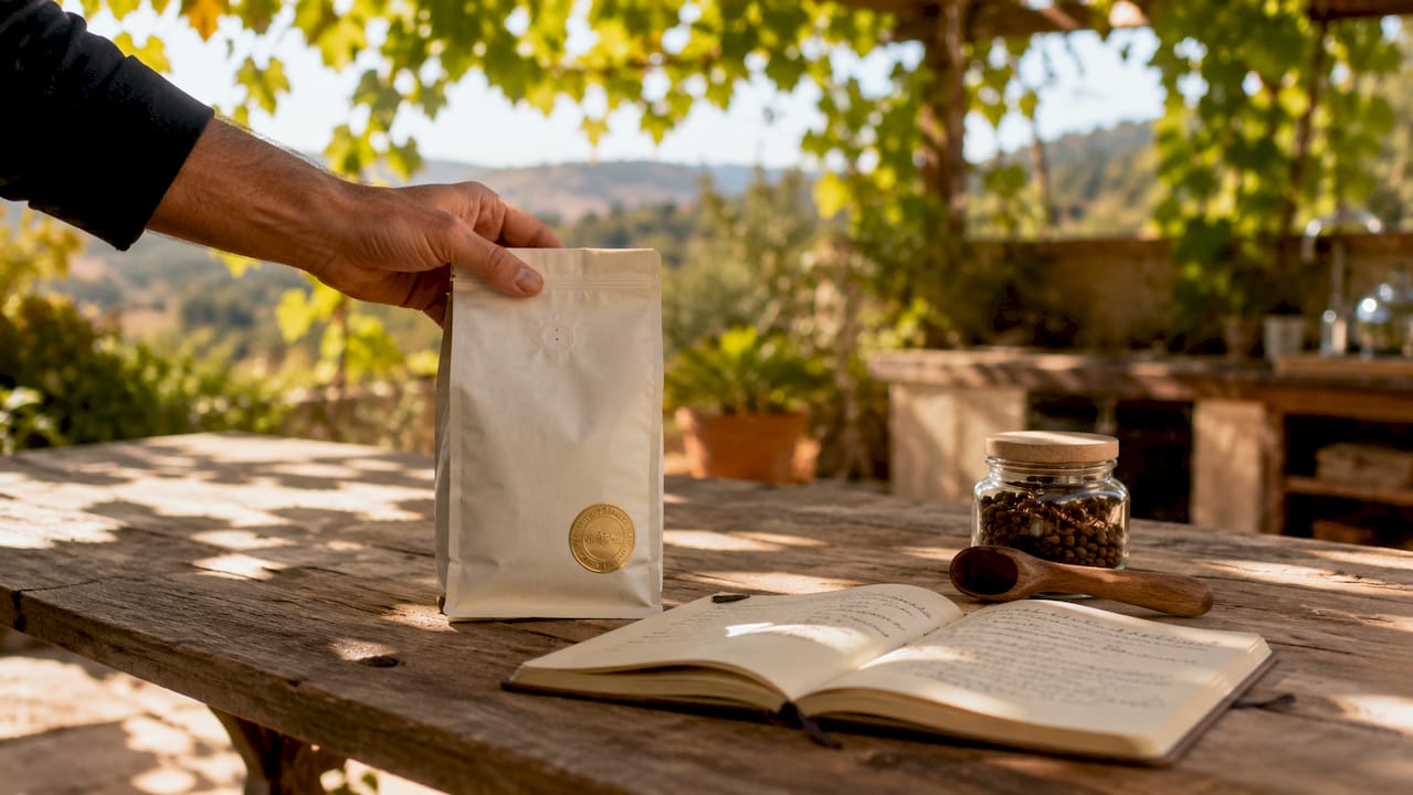 Close-up of coffee bag with GI certification seal