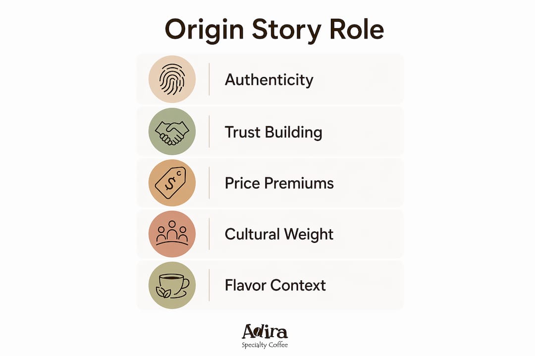 Infographic illustrating the role of origin stories in coffee