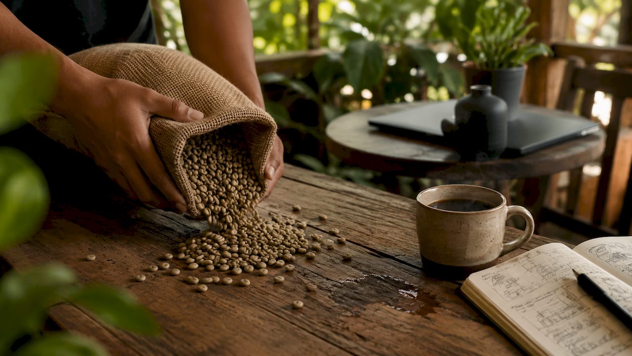 Hands holding light roast coffee beans on table