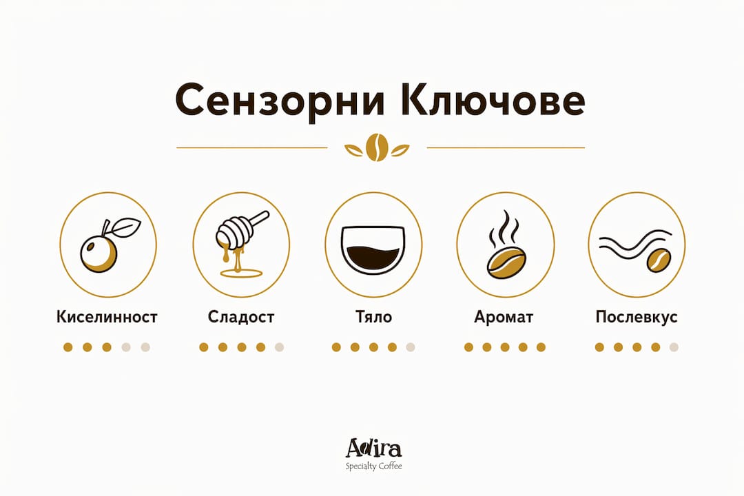 Инфографика с основните вкусови и ароматни качества на добре балансираното кафе