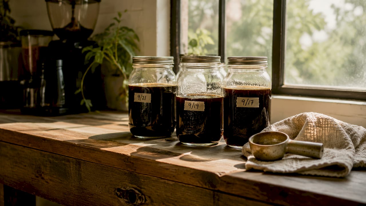 Glass jars storing coffee concentrate with labels