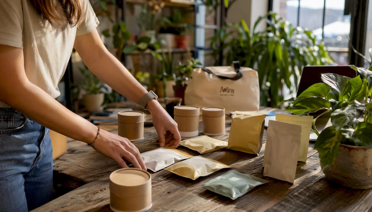 Hands arranging sustainable product packaging samples