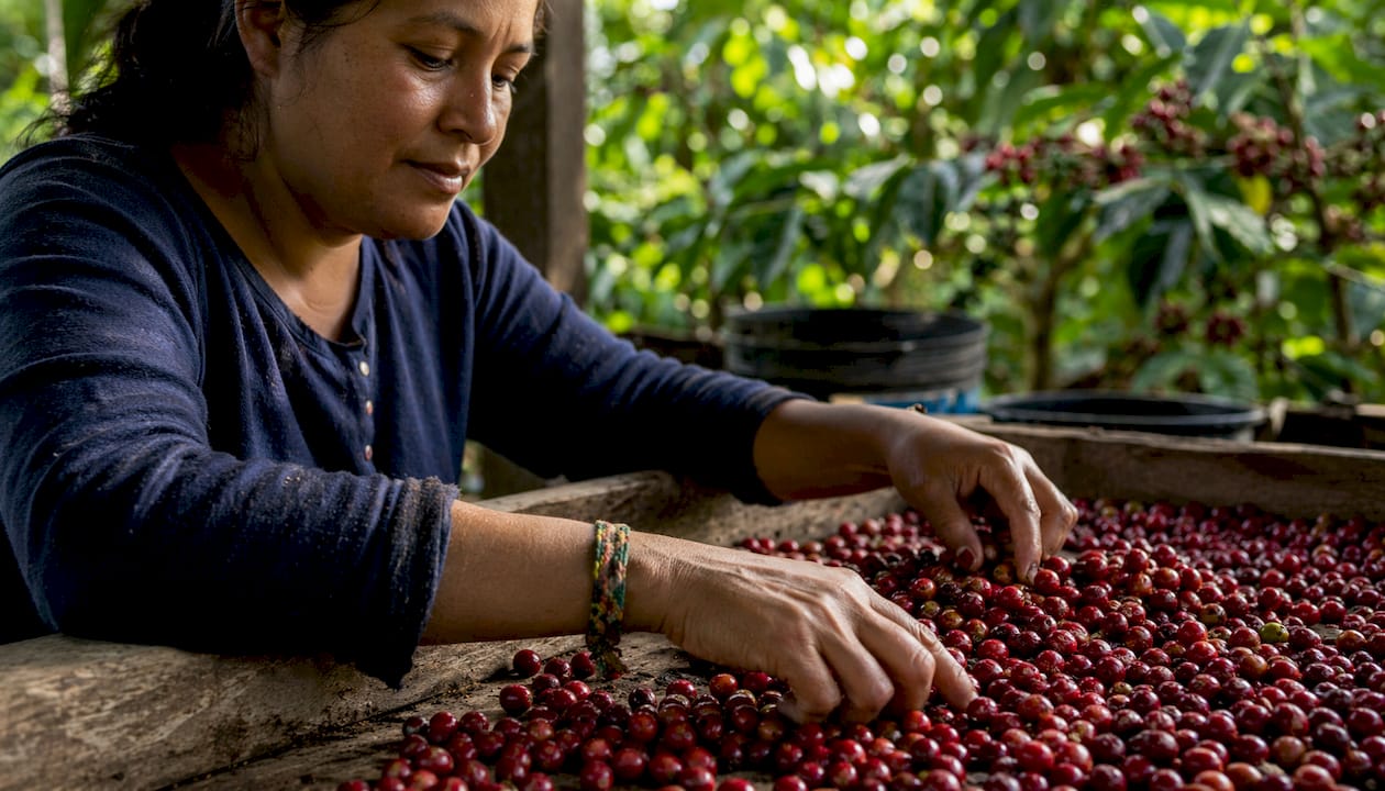 Coffee farmer sorting cherries on table