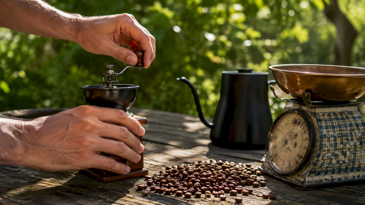 Close-up of hands operating manual burr grinder