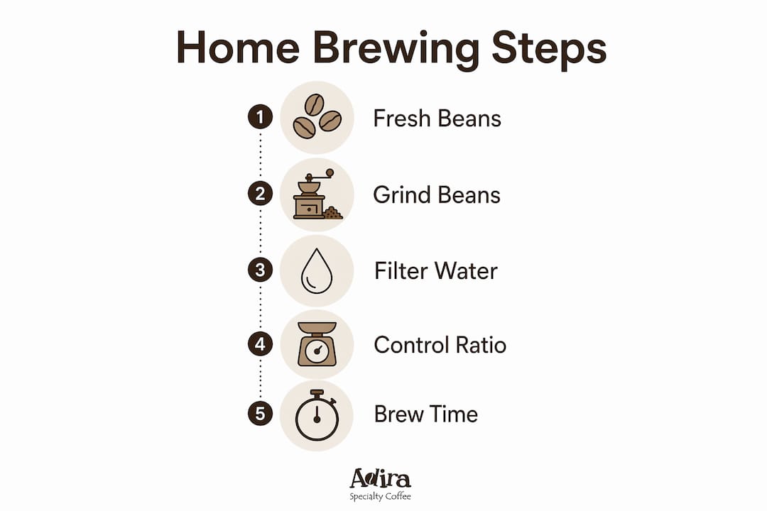 Infographic illustrating five steps for home coffee brewing