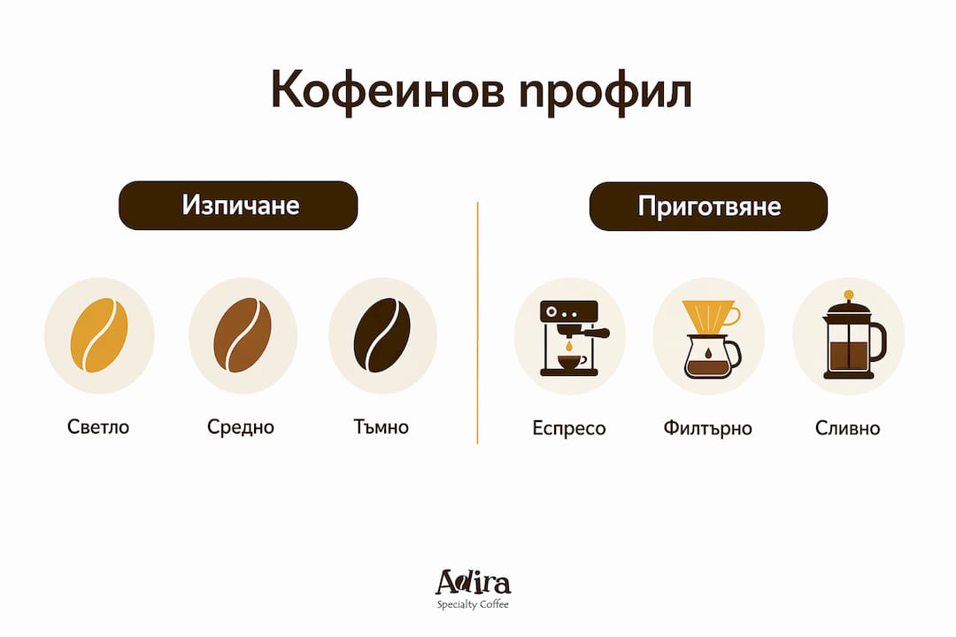 Инфографика, която показва различните начини на изпичане и приготвяне на кафе и как те влияят върху съдържанието на кофеин в напитката.