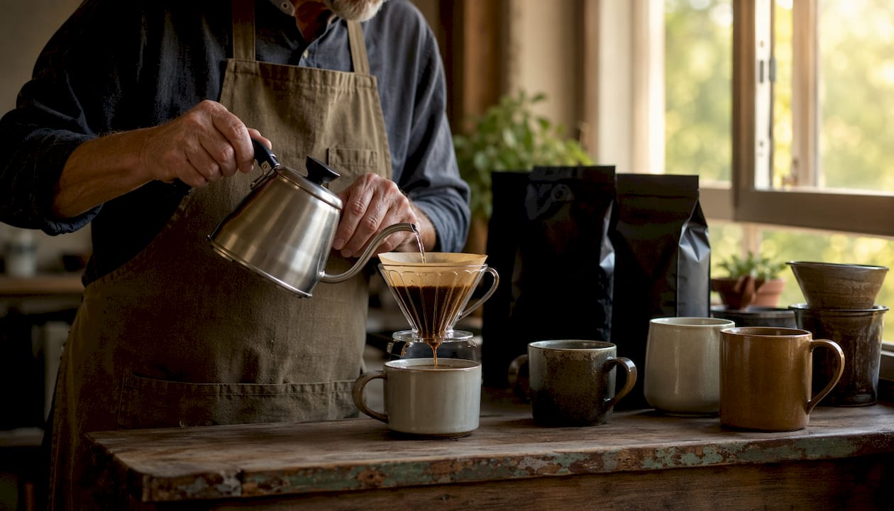 Hands grinding coffee beans with manual grinder
