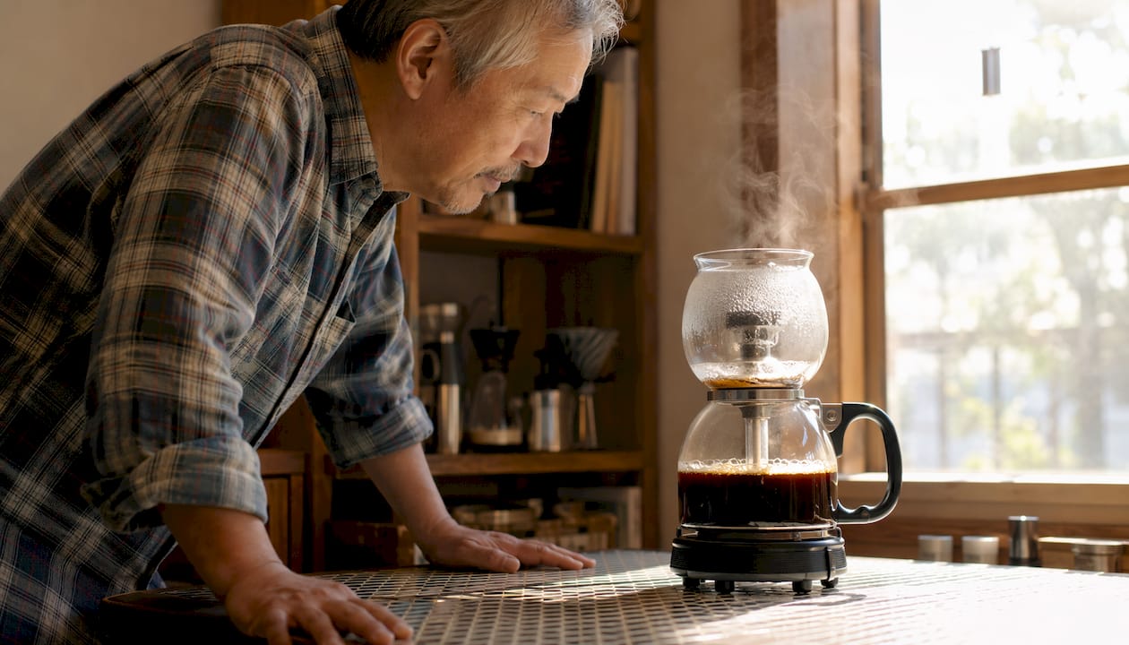 Man watching coffee brewing in glass percolator