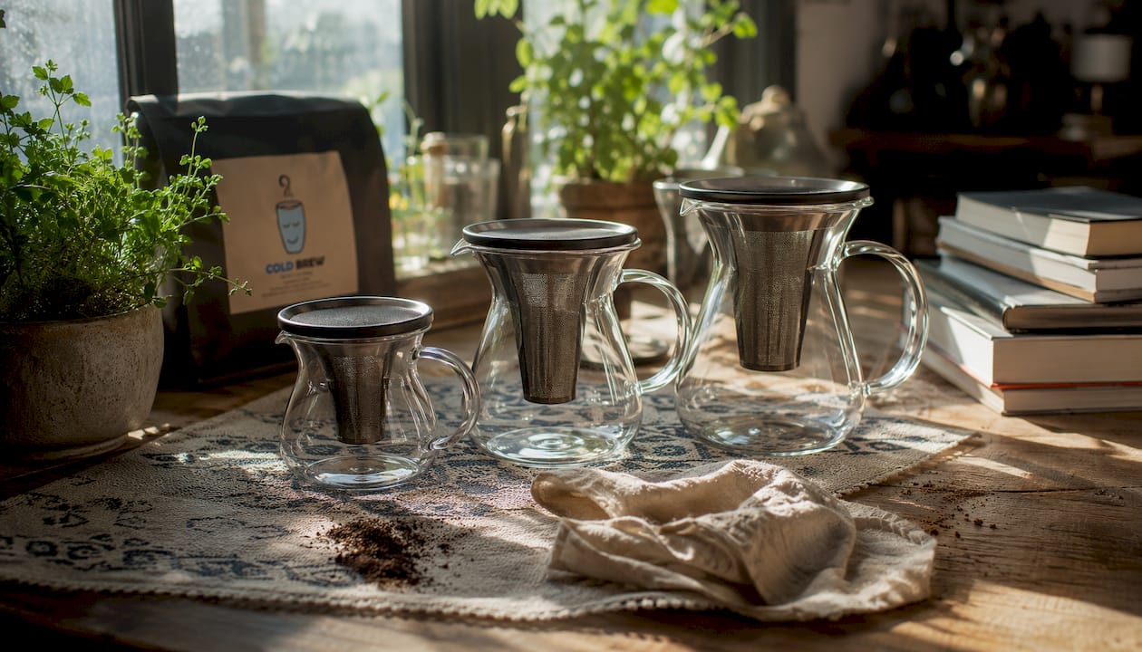 Overhead view of Cafe Brew carafes and filters