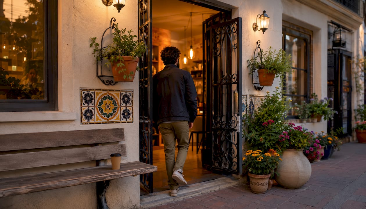 Urban coffee and tea store exterior view
