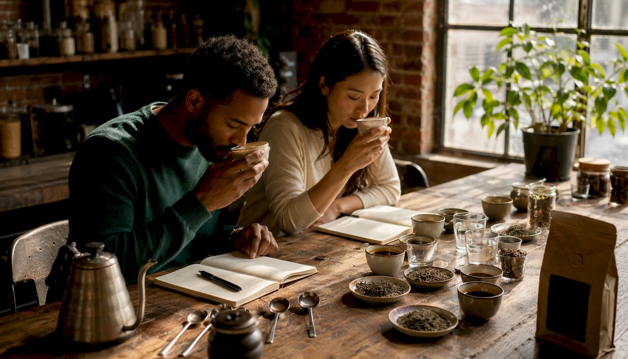 Customers tasting and comparing coffee and tea