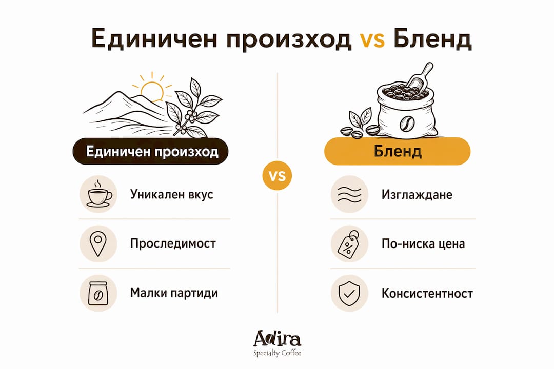 Вижте инфографиката, която нагледно показва основните разлики между кафета от един произход и блендове.