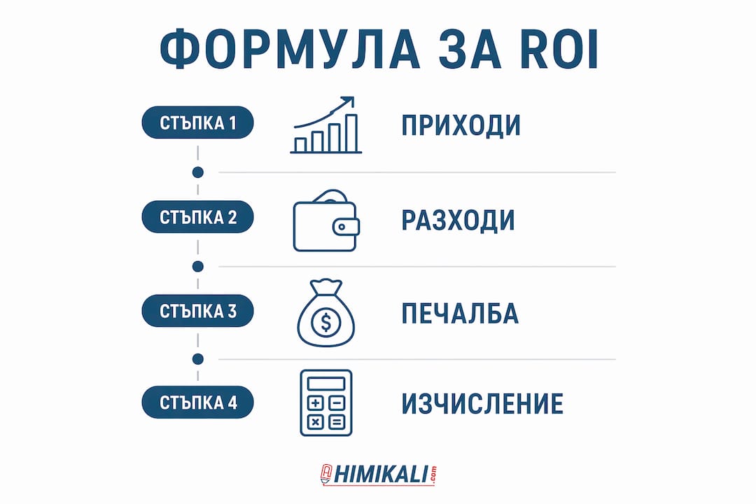 Инфографика, която показва основните стъпки за изчисляване на възвръщаемостта на инвестициите (ROI)