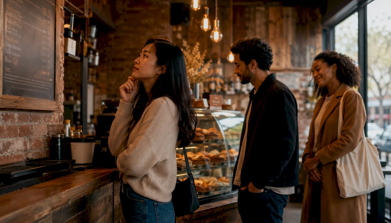 Customers waiting patiently in coffee shop line