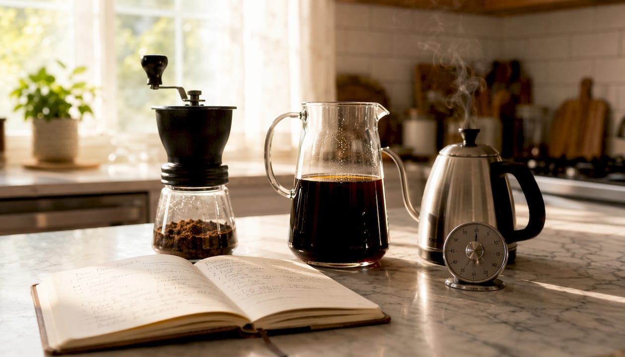 Home cold brew coffee brewing setup overhead view