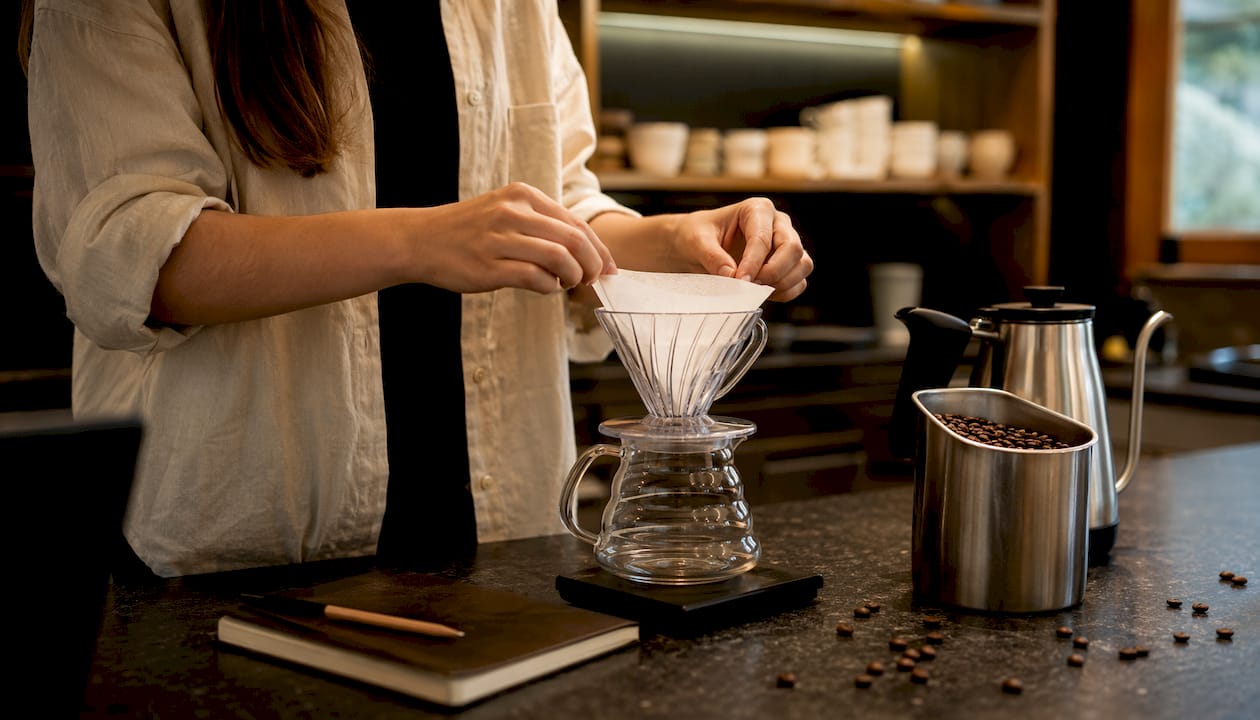 Ръце приготвят филтър кафе с помощта на Hario V60.
