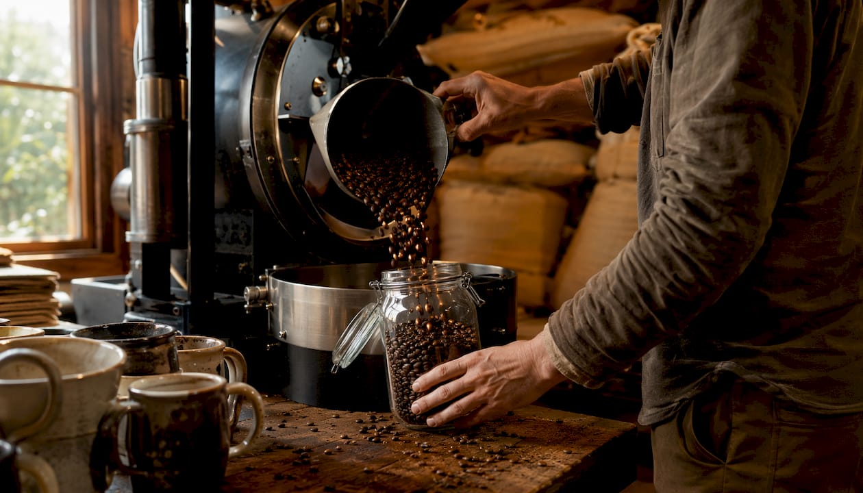 Hands scooping freshly roasted beans overhead