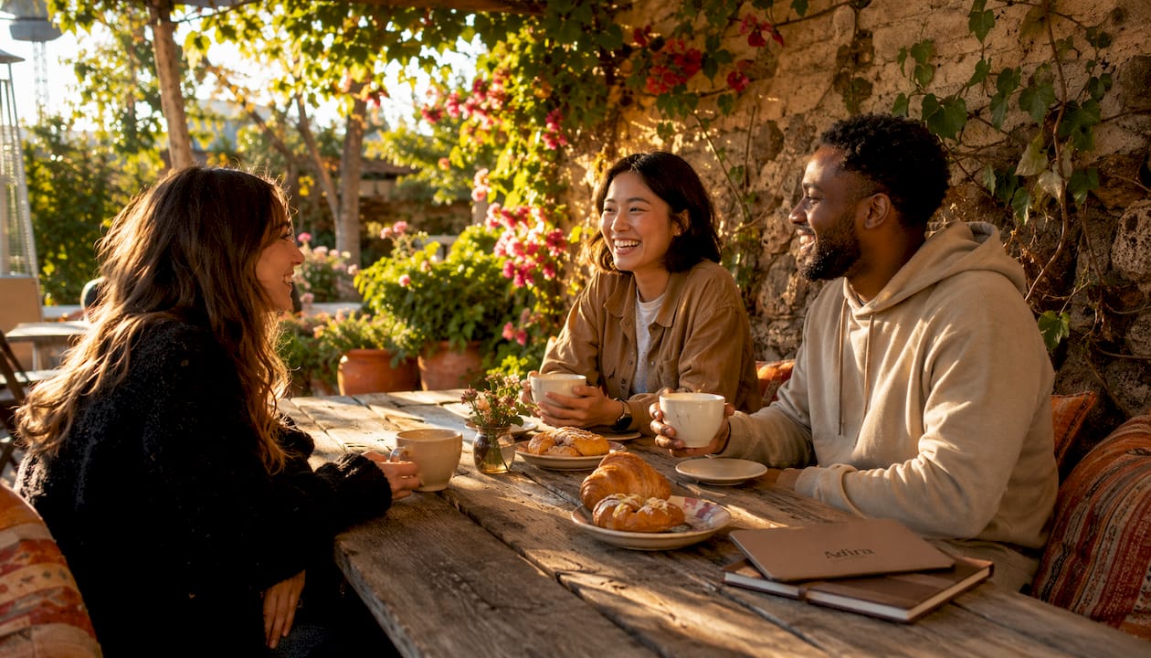 Friends enjoying coffee on Napa outdoor patio