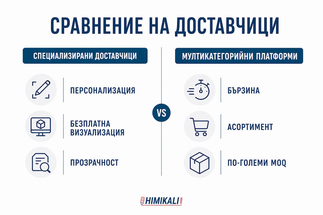 Сравнителна инфографика на доставчиците – брандиране и срокове за изпълнение