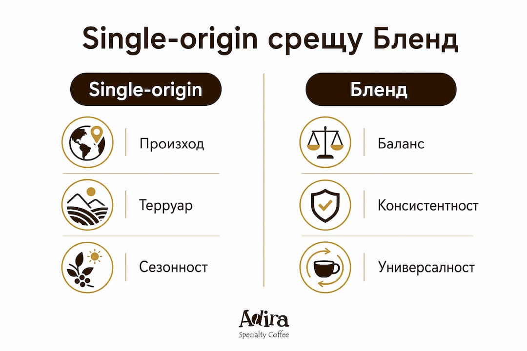 Инфографика, която показва основните разлики между кафе от един произход и кафе бленд – сравнение по най-важните характеристики.