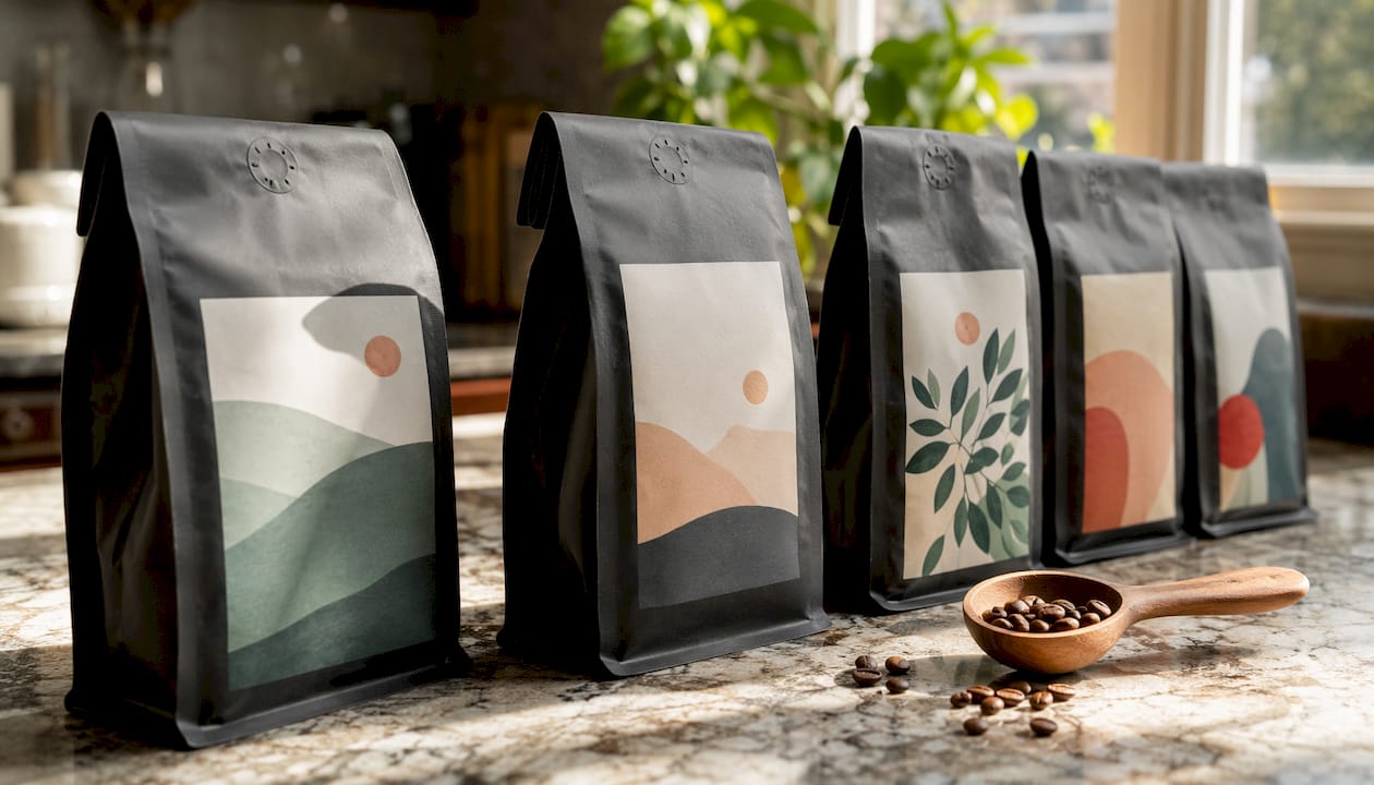 Close-up of specialty coffee bags and beans