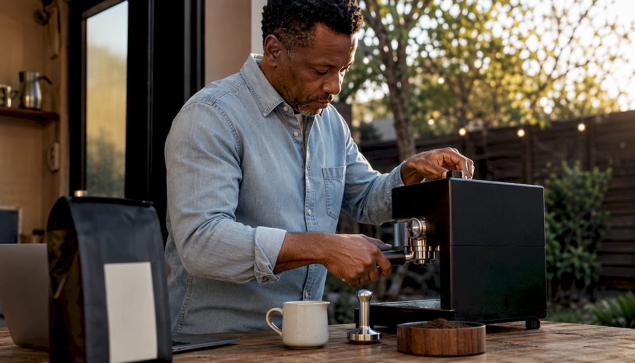 Man making espresso in home coffee setup