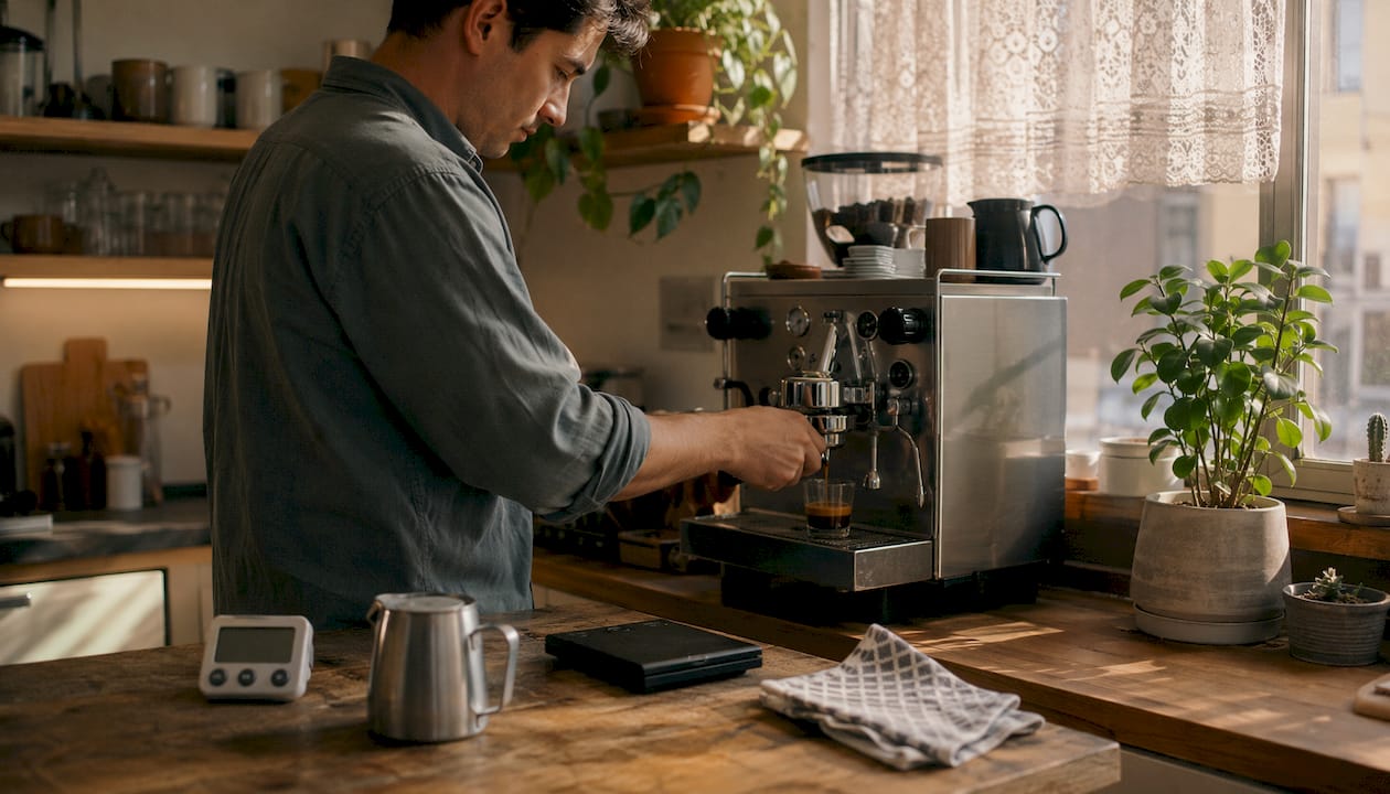 Hands practicing espresso making at home
