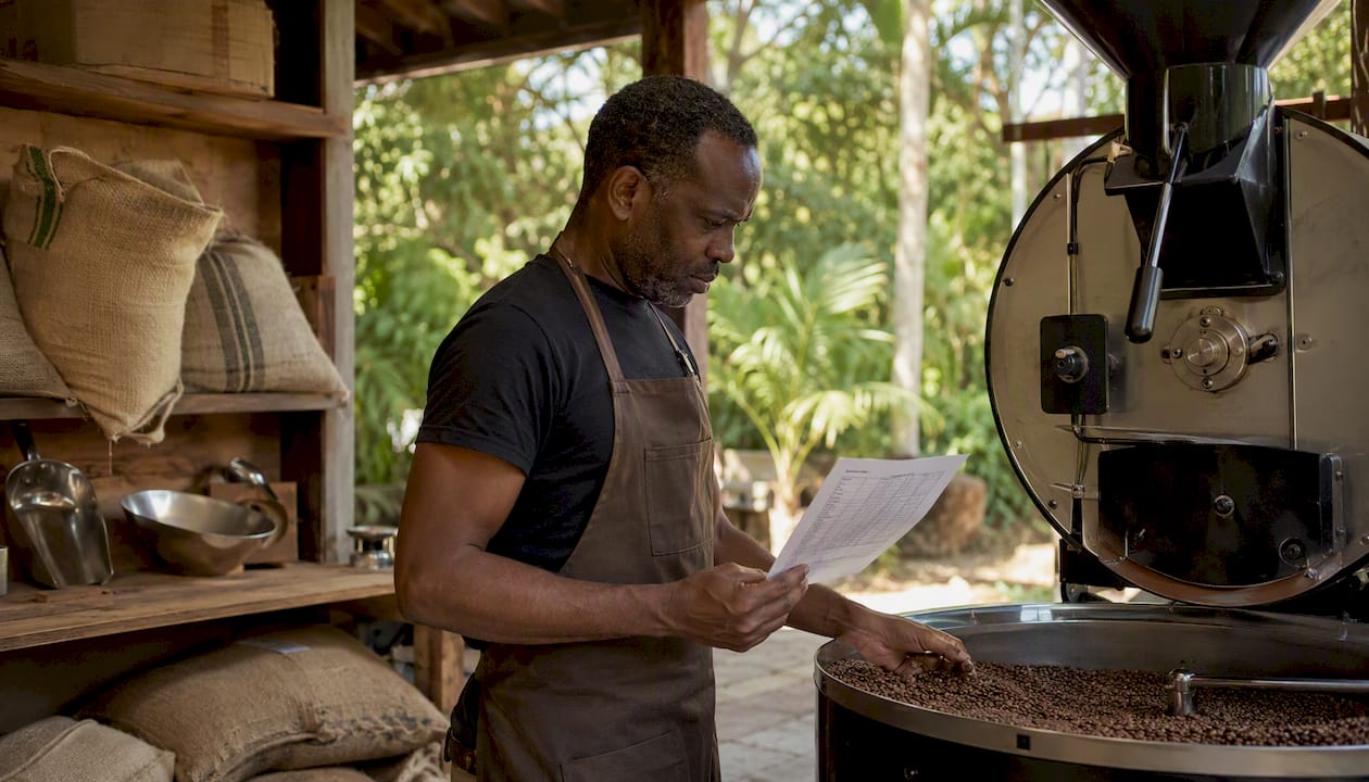 Coffee roaster studying roast log notes