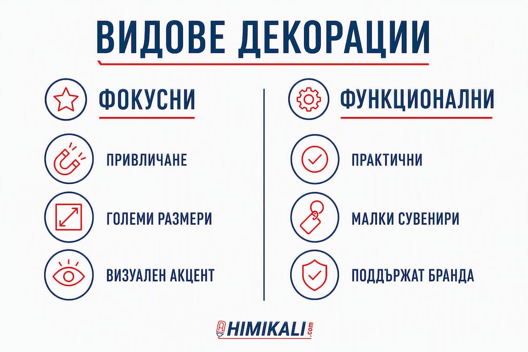 Инфографика показва разликите между фирмени декорации с акцент и такива с практическо предназначение.