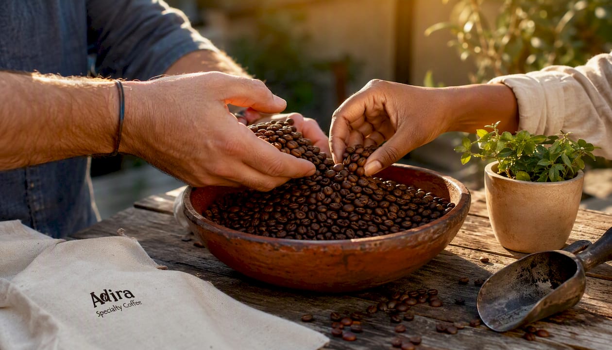 Hands inspecting fresh roasted coffee beans