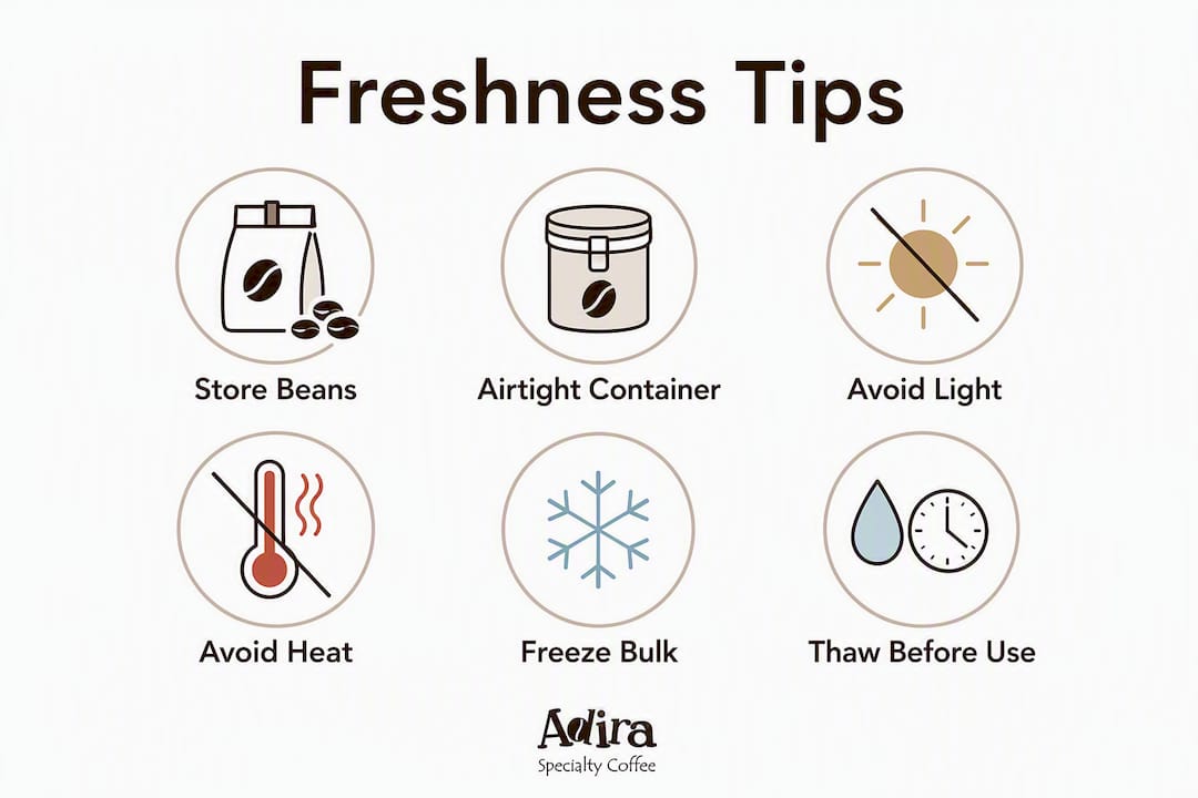 Infographic showing coffee freshness and storage tips