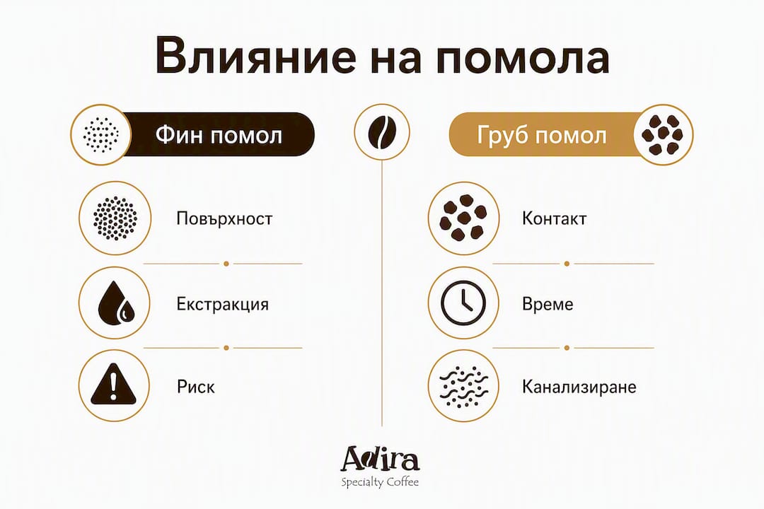 Инфографика, която показва разликите в екстракцията на кафето според това дали меленето е фино или едро.