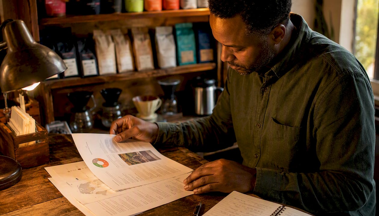 Retailer reviewing ethical sourcing documents in coffee shop