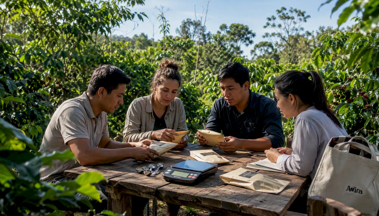 Hands examining coffee certification labels on bags