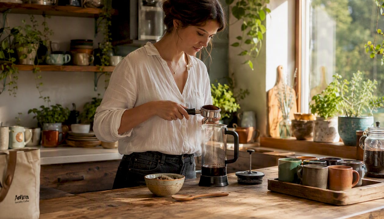 Hands preparing mushroom coffee espresso
