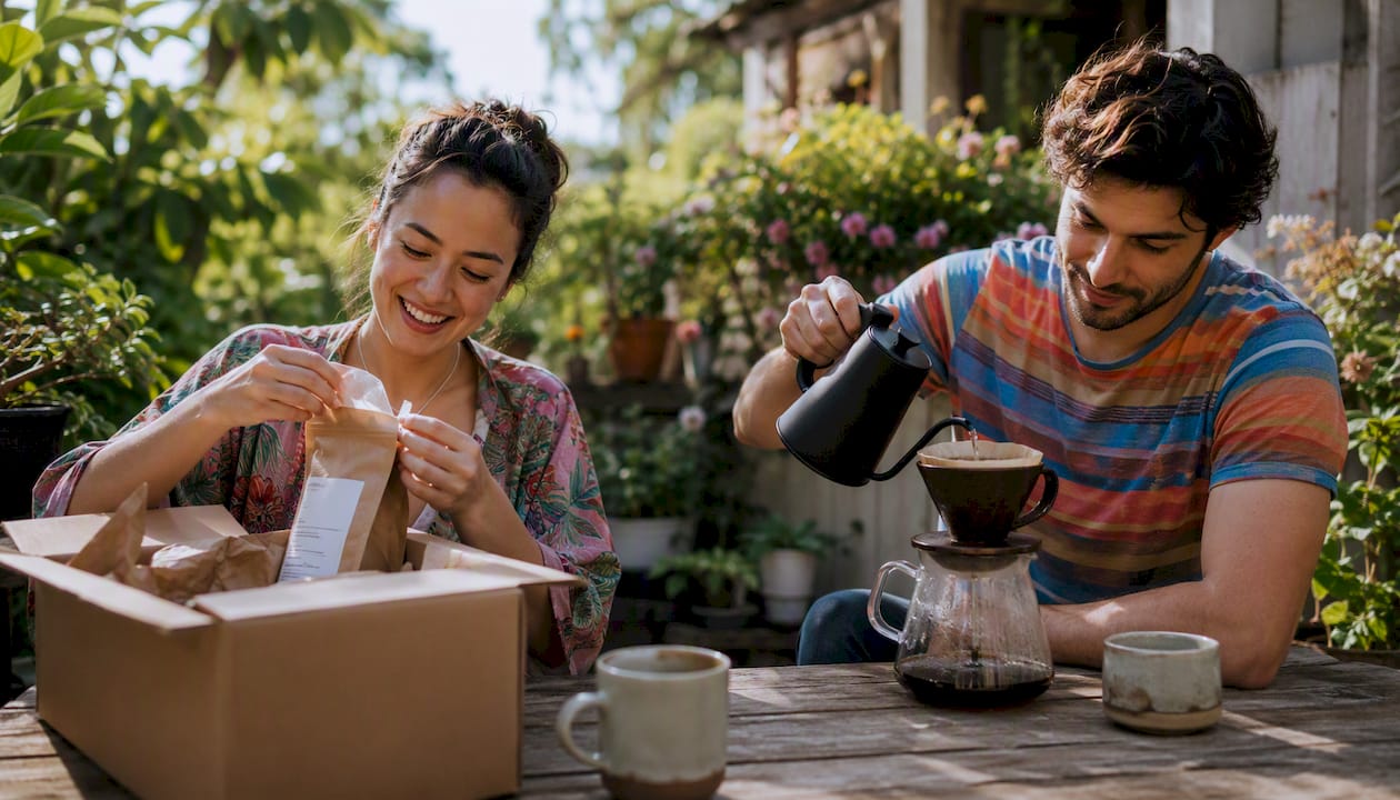 Couple unpacking coffee subscription at kitchen table