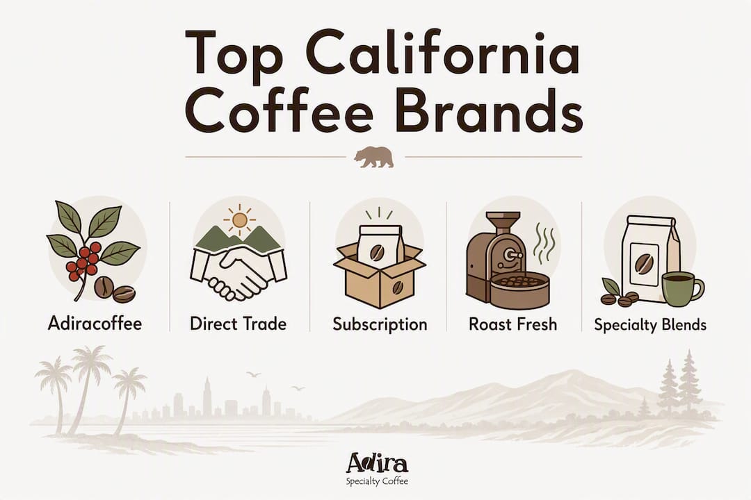 Infographic showing ranked California coffee brands with key features