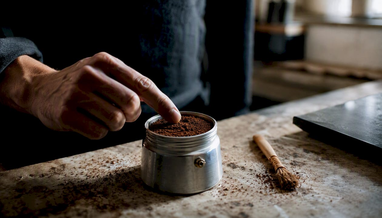 Hand leveling coffee grounds in moka pot basket