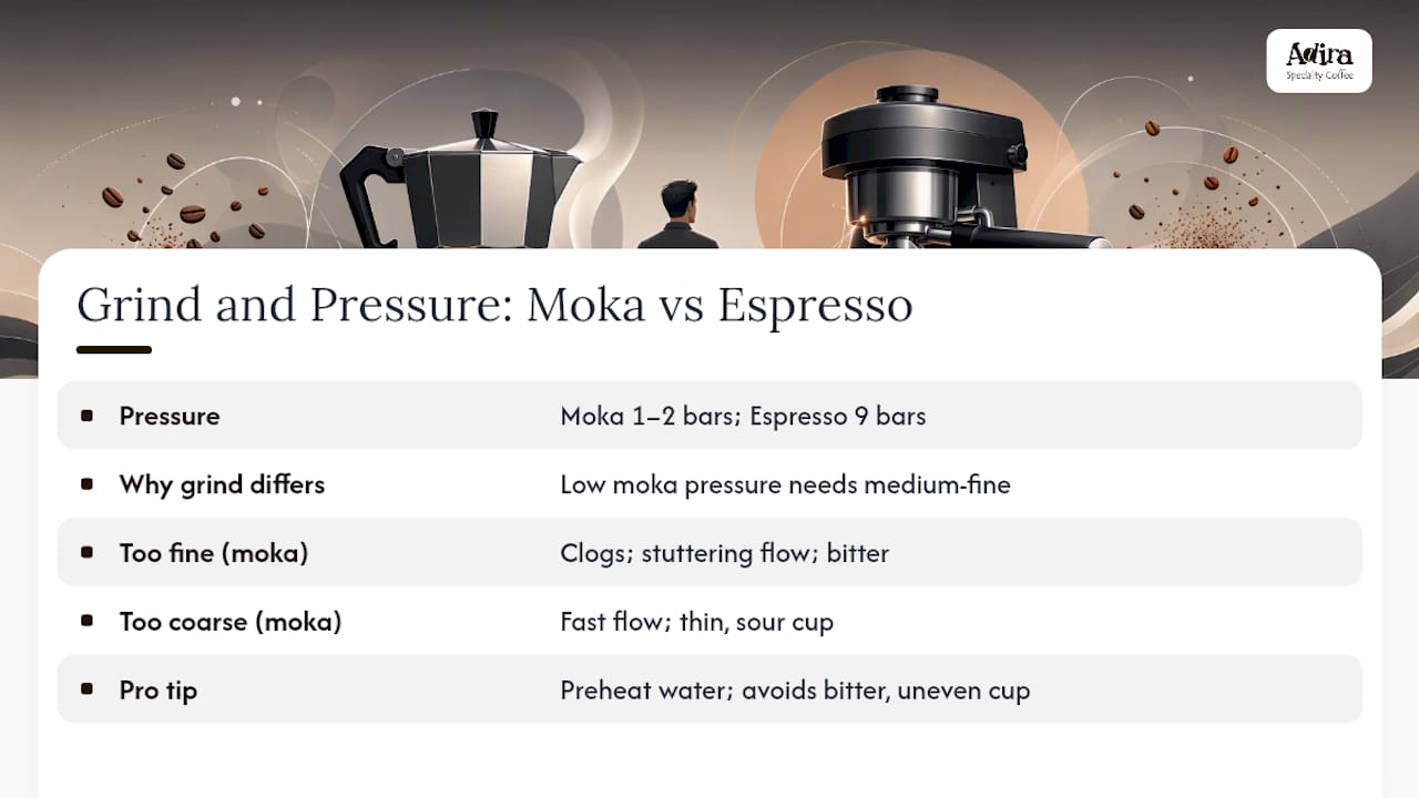 Diagram comparing moka pot and espresso machine pressure and grind size