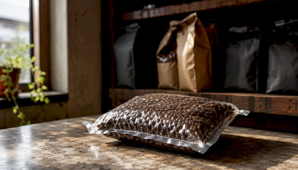 Vacuum-sealed coffee bag for freezing