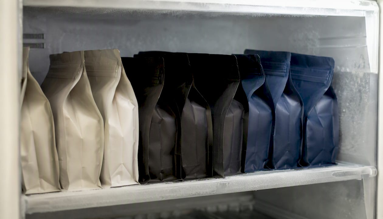 Coffee bean bags stored in back of freezer