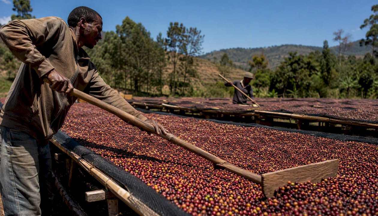 Coffee cherries drying on raised beds in Ethiopia
