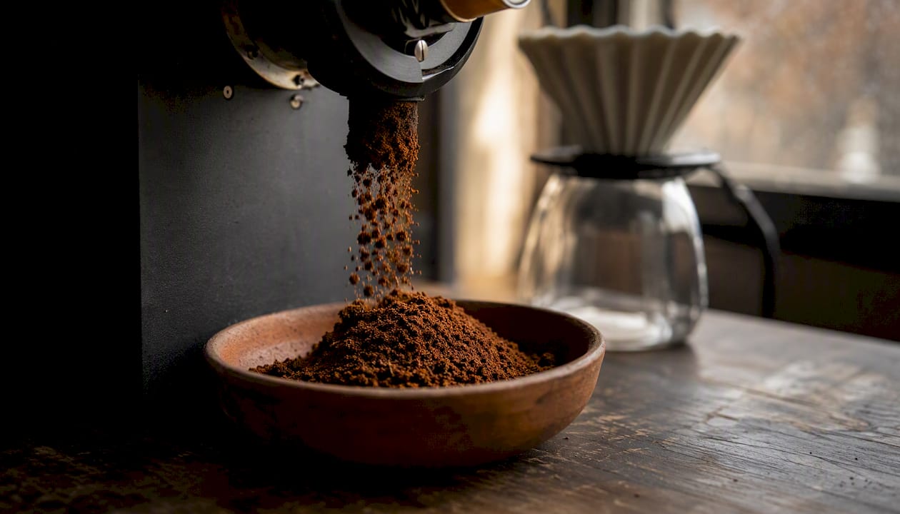 Fresh coffee grounds from burr grinder close-up