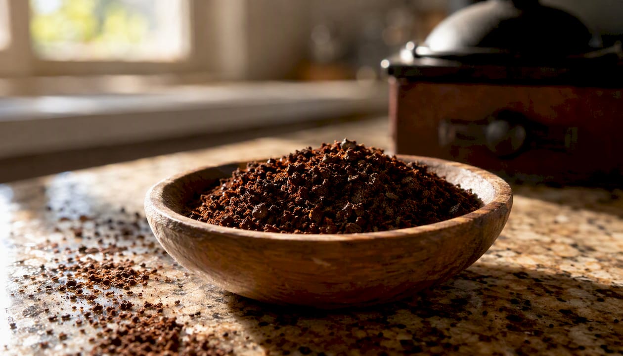 Medium-coarse coffee grounds in bowl