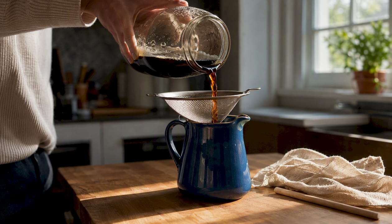 Hand filtering cold brew concentrate at home kitchen