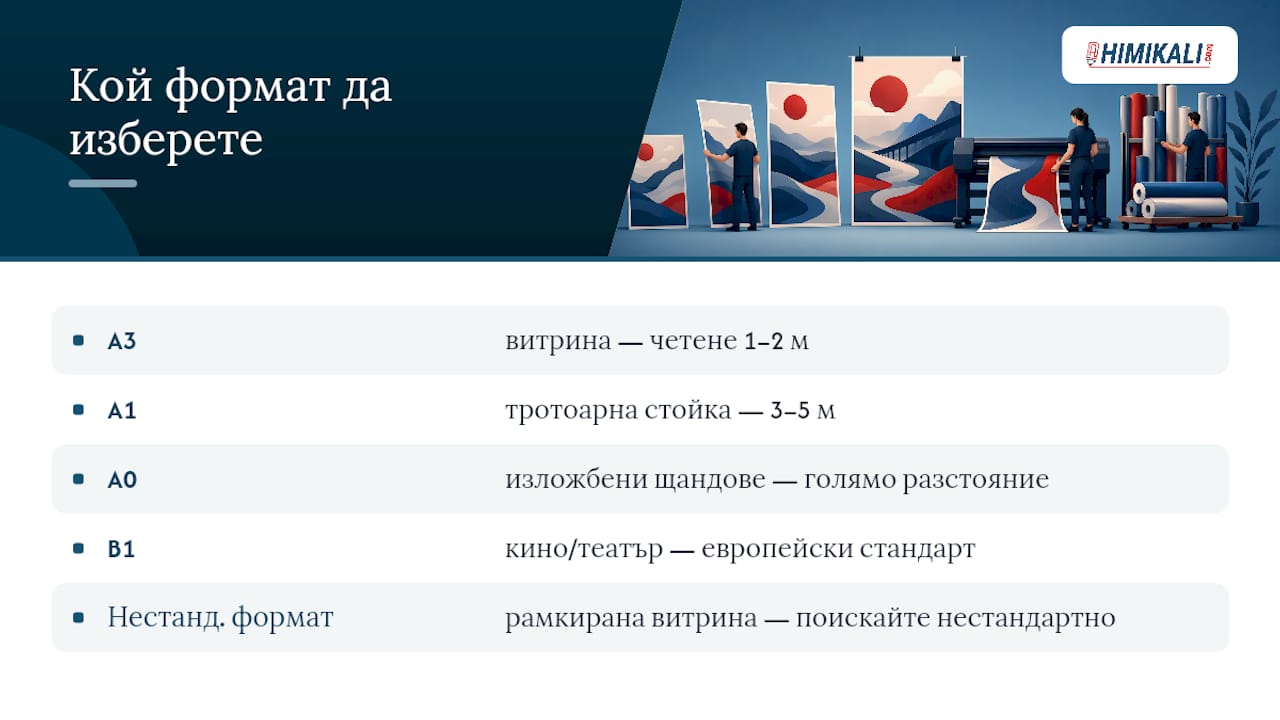 Схема на различните формати плакати – кога и къде се използват, и от какво разстояние е най-добре да се гледат.