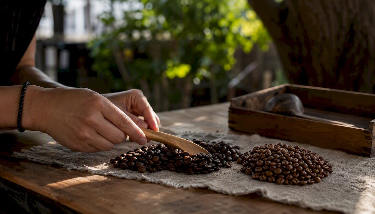 Hands mixing regular and decaf coffee beans