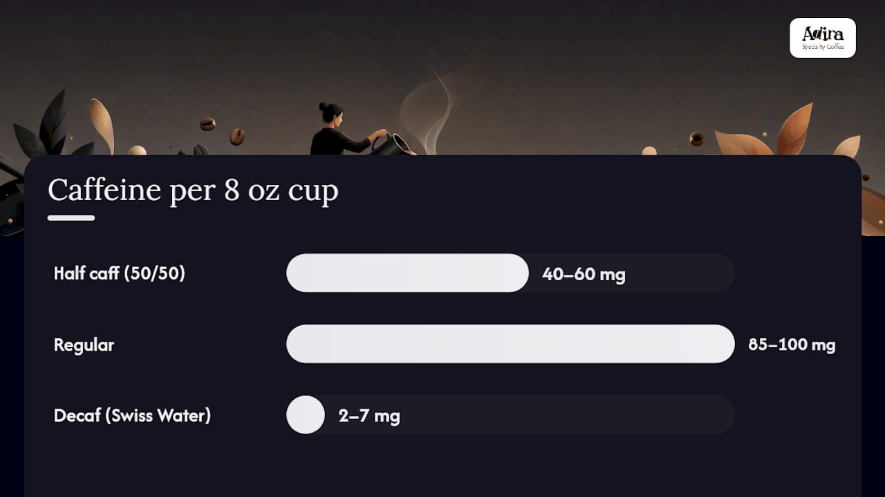 Comparison chart of caffeine levels in half caff, regular, and decaf coffee