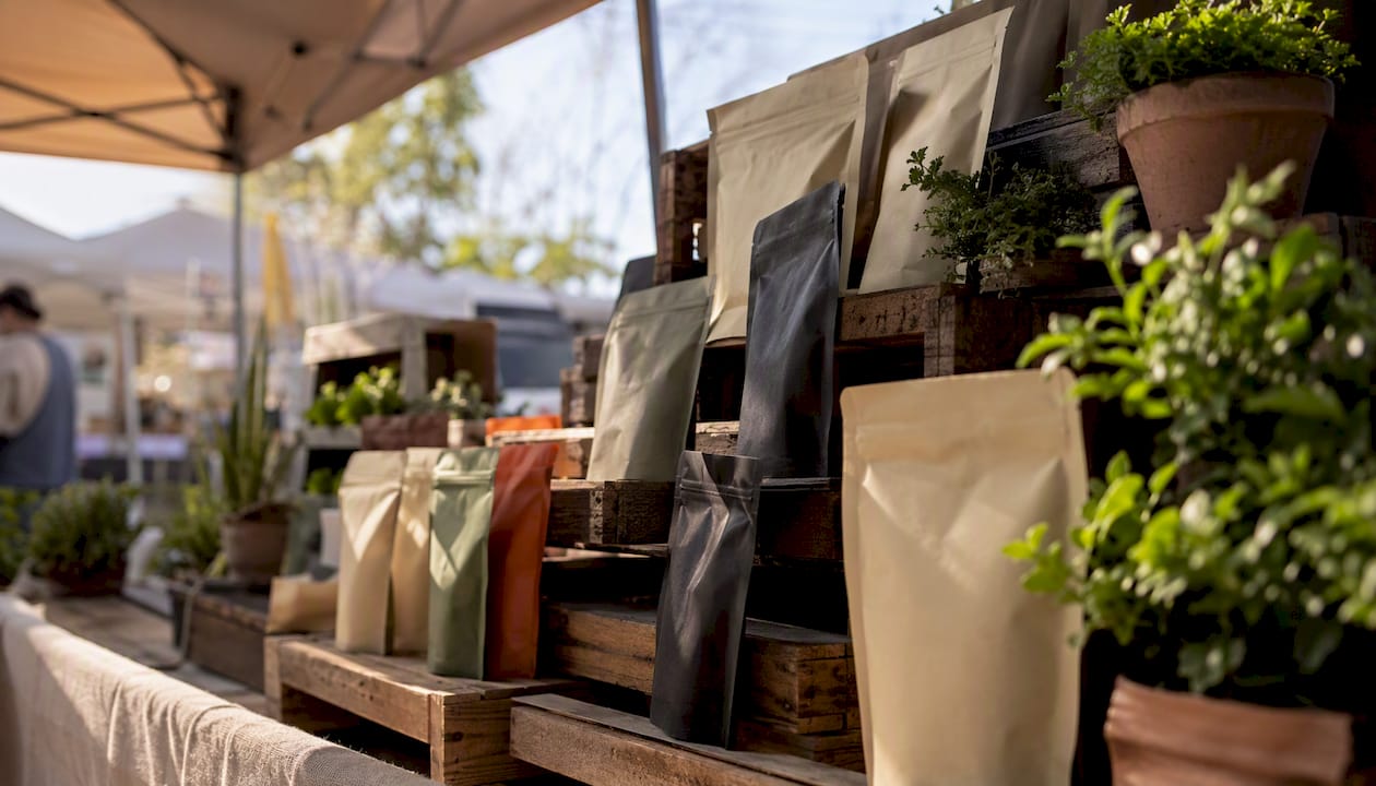 Shelf with small batch coffee bags